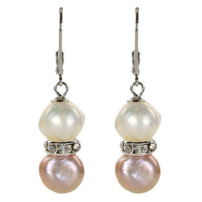 Zoetwater parel oorbellen met witte en roze parels en stras steentjes, vooraanzicht | Bling Pearl Soft Colors