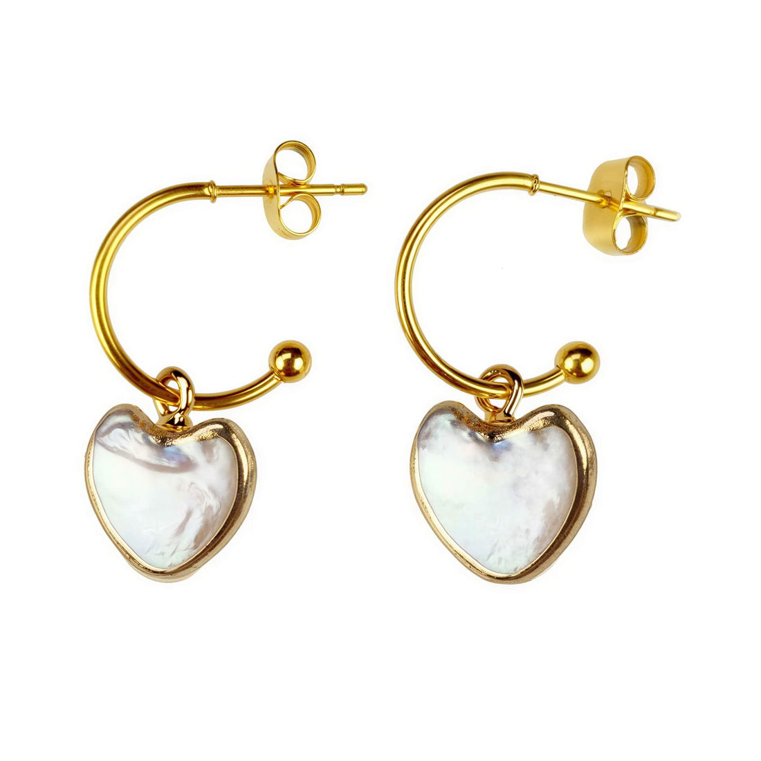 Zoetwater parel oorringen met wit parel hart en goud edelstaal | Golden Hope 15 mm Heart White Pearl