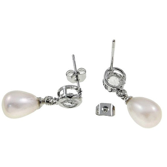 Witte zoetwater parel oorbellen met stras steentje achterzijde | Liwa