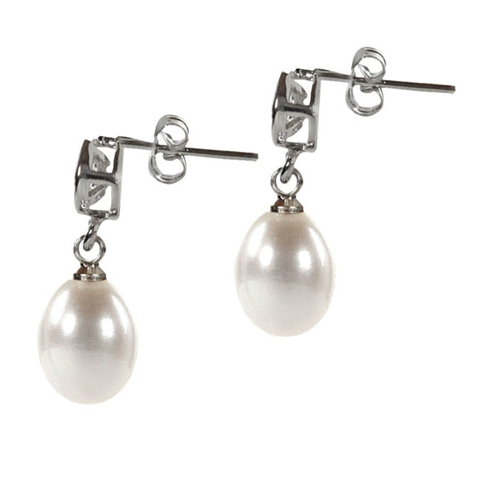 Witte zoetwater parel oorbellen met stras steentje, zijkant | Liwa