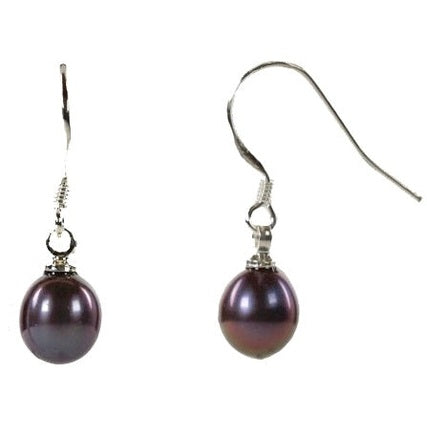 Bruin paarse zoetwater parel oorbellen met sterling zilveren oorbelhaakjes, voor- en zijaanzicht | Neri