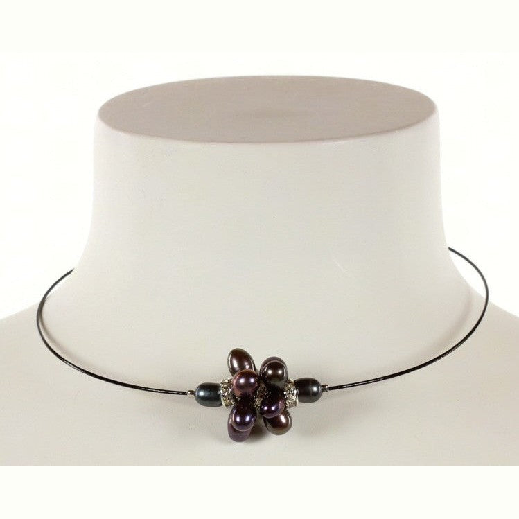 Zoetwater parelketting met zwart paarse parels en stras steentjes op buste | Bling Black Ball