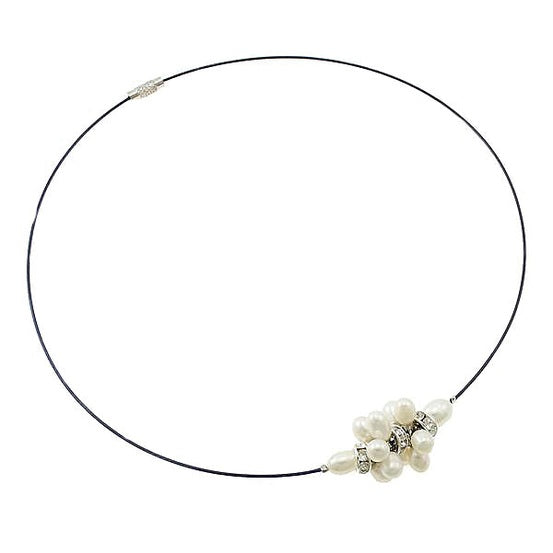 Zoetwater parelketting met witte parels met stras steentjes aan zwarte spang | Bling White Ball