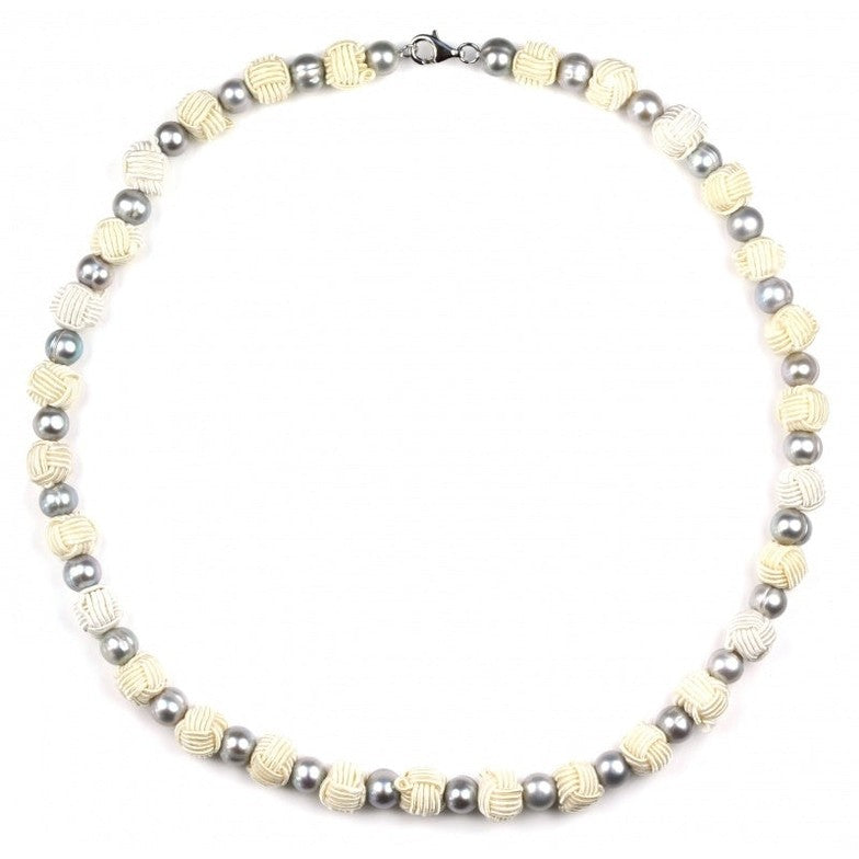 Zoetwater parelketting met grijze parels, Chinese knopen en gerhodineerd zilver (925) | Chiga