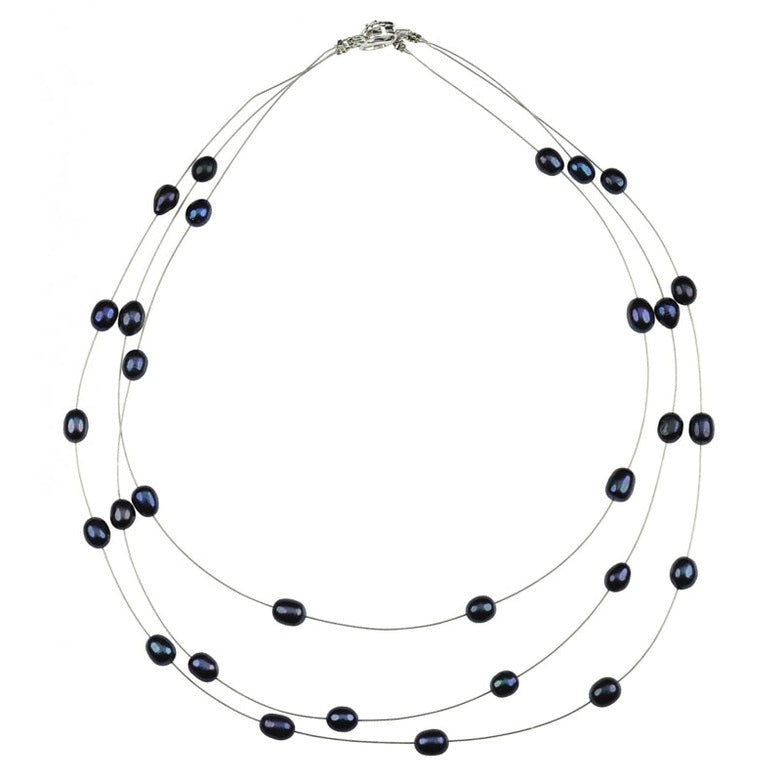 Zoetwater parelketting met blauw zwarte parels in 3 rijen | Jill Black