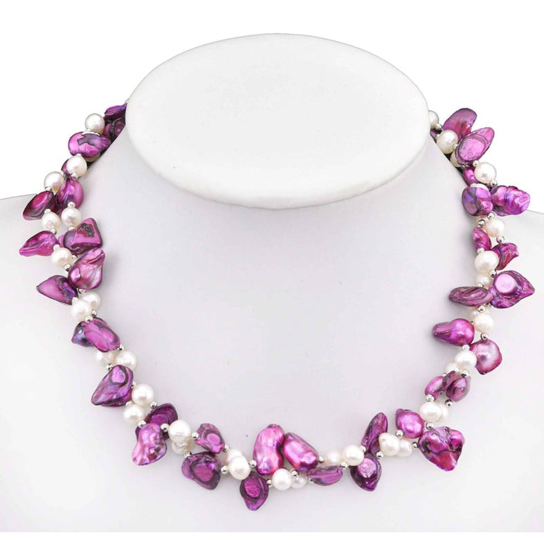 Zoetwater parelketting met witte en paarse parels in 2 rijen op buste | Pia