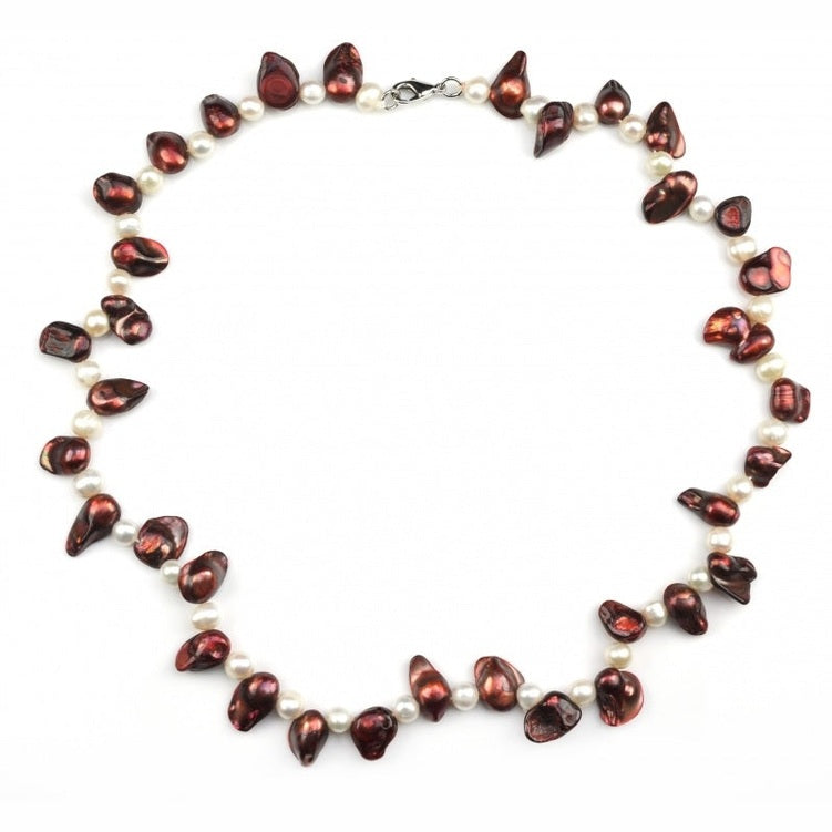 Zoetwater parelketting met witte en rood bruine parels en sterling zilveren slotje | Purple Lady