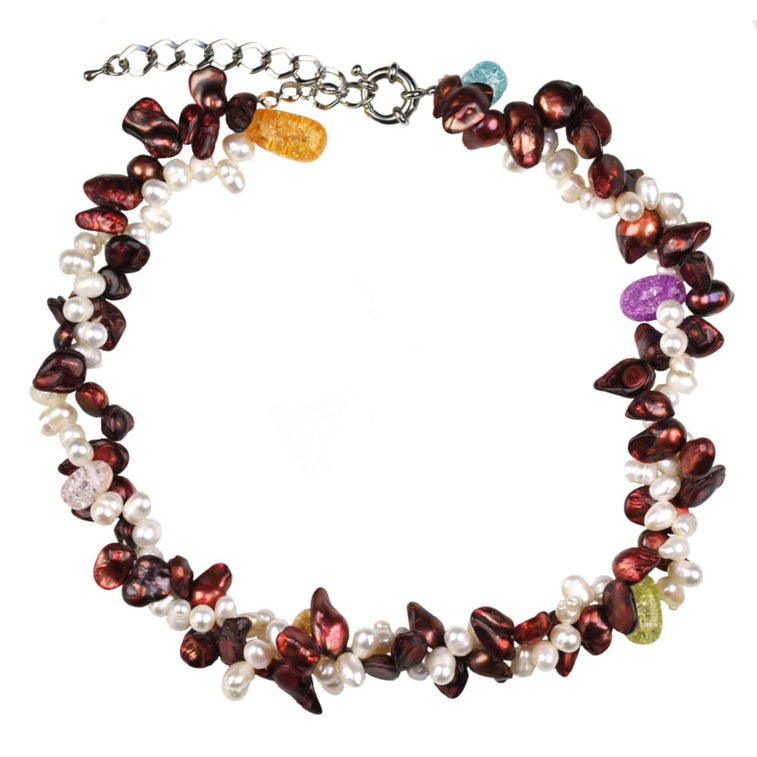 Zoetwater parelketting met witte en rood bruine parels en glaskristallen in 2 rijen | Monique