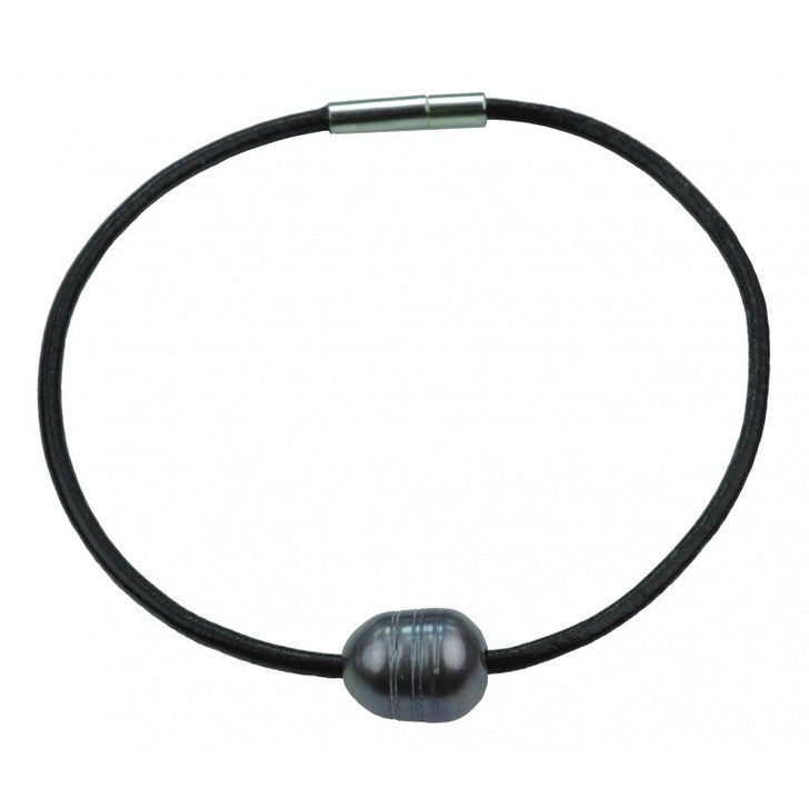 Grijs blauwe zoetwater parel armband met zwart leer | Black Leather Pearl Grey