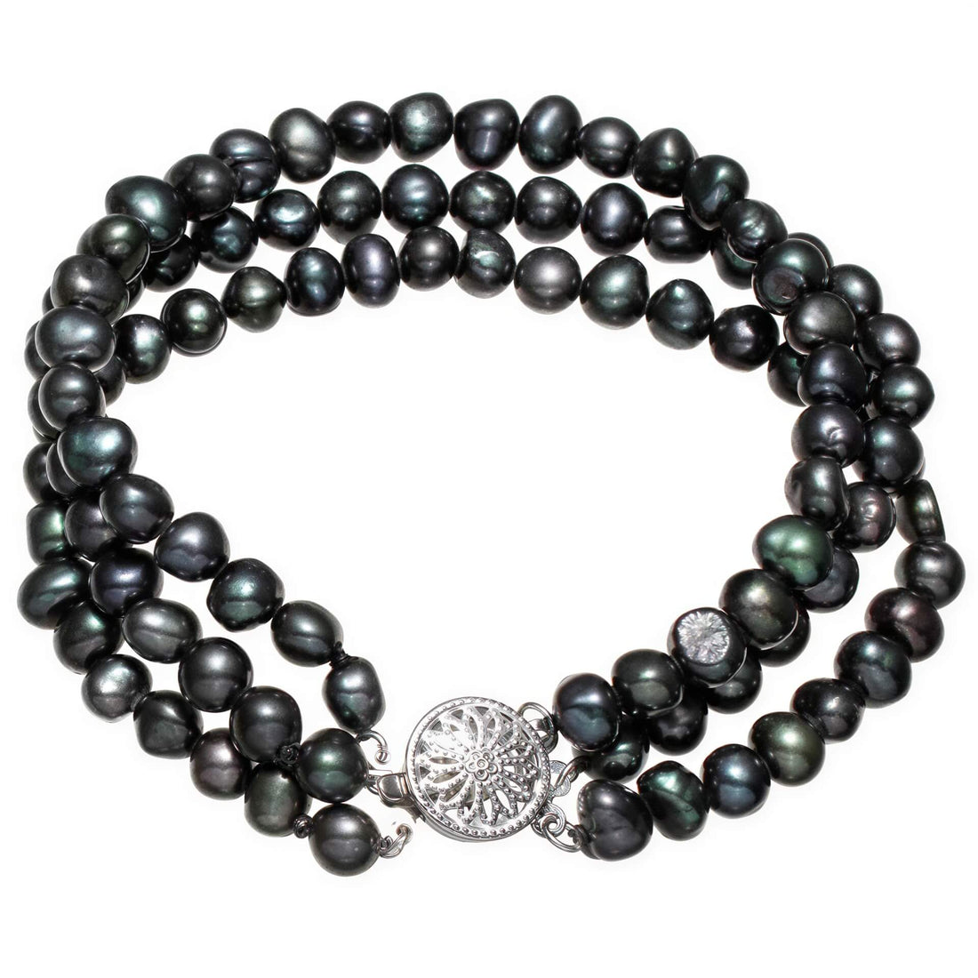 Zoetwater parel armband met 3 rijen blauw zwarte parels | Black Three Baroque Pearl