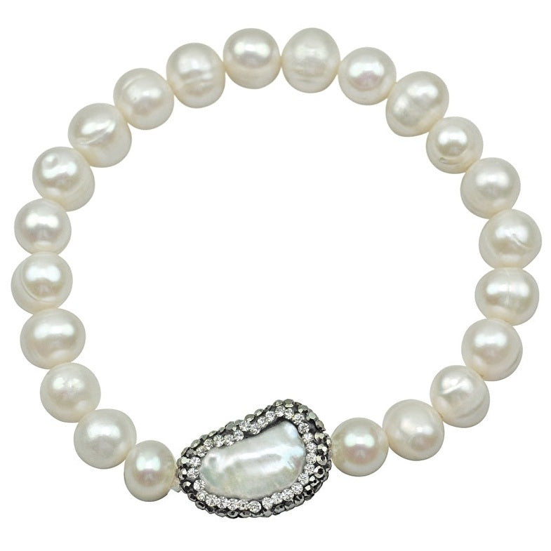 Wit zoetwater parel armband met stras steentjes, elastisch | Bing Biwa Pearl