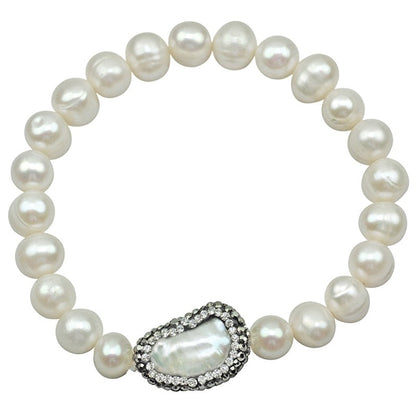 Wit zoetwater parel armband met stras steentjes, elastisch | Bing Biwa Pearl