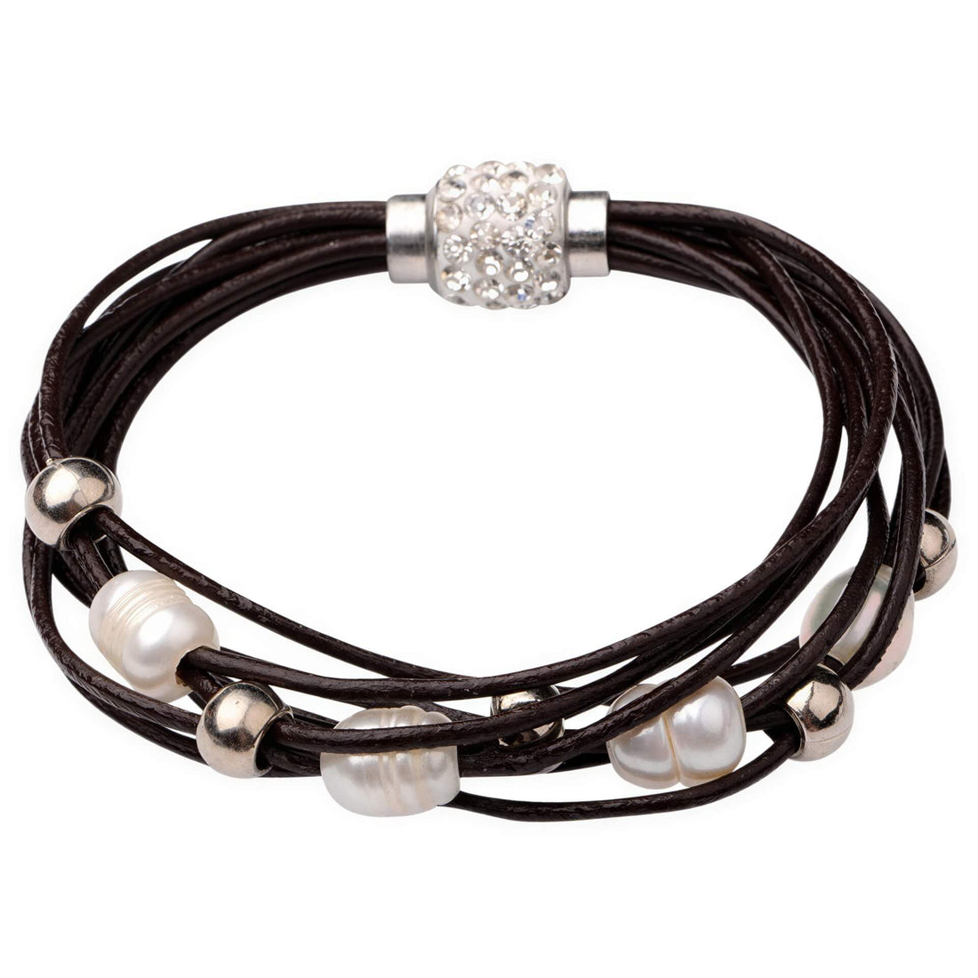 Wit zoetwater parel armband met bruin leer en stras steentjes | Bling Pearl Brown