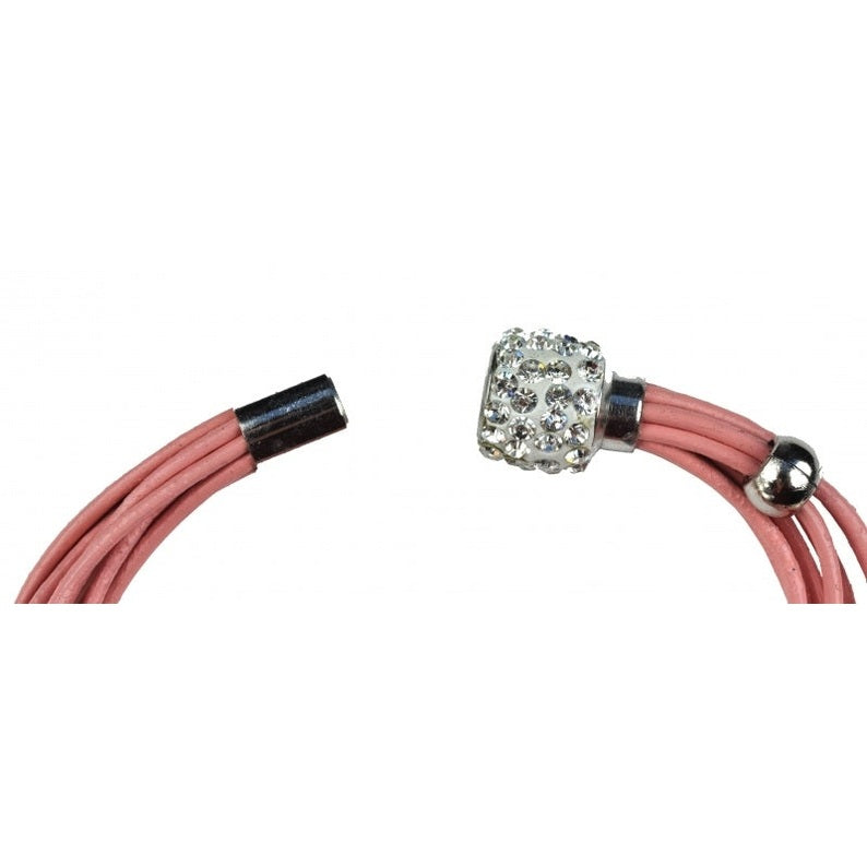 Open slotje van wit zoetwater parel armband met roze leer en stras steentjes  | Bling Pearl Pink