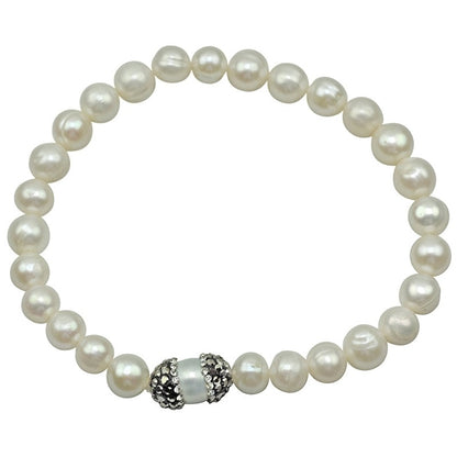 Wit zoetwater parel armband met zwarte stras steentjes, elastisch | Bling Rice Pearl