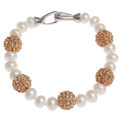 Wit zoetwater parel armband met gouden stras steentjes | Bling Rosé Golden Pearl