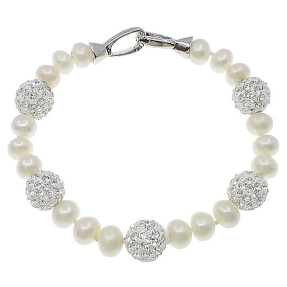 Wit zoetwater parel armband met zilveren stras steentjes | Bling Silver Pearl