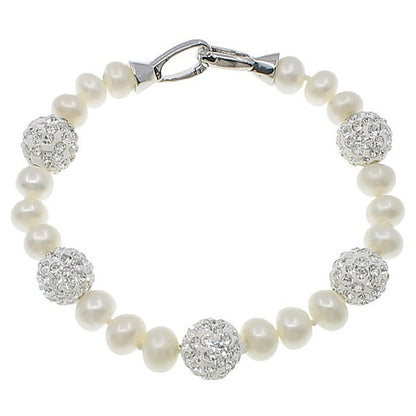 Wit zoetwater parel armband met zilveren stras steentjes | Bling Silver Pearl