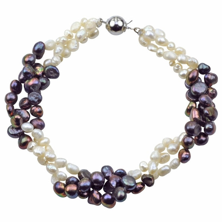Zoetwaterparel armband met 3 rijen witte en paarse parels en veiligheidslotje | Branca