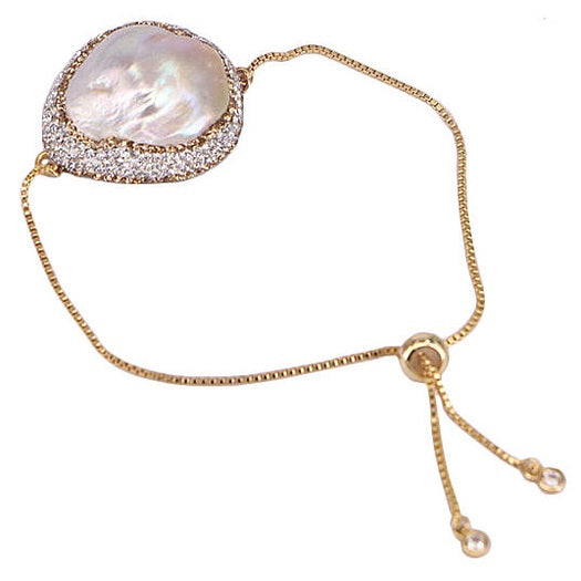 Wit zoetwater parel armband met grote witte parel en stras steentjes | Bright Golden Fireball