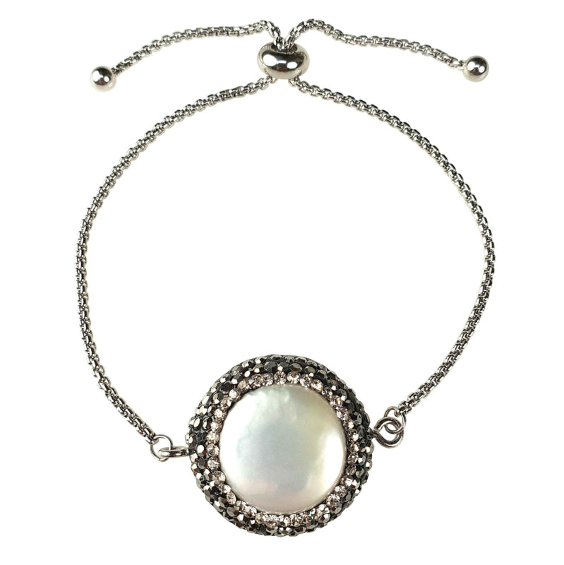 Wit zoetwater parel schuif armband met stras steentjes en edelstaal | Bright Minimal Silver Coin