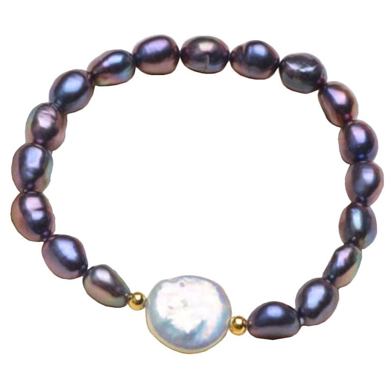 Zoetwater parel armband met blauw-paarse en witte parels, elastisch | Danisa