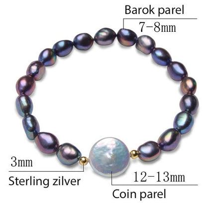 Zoetwater parel armband met blauw-paarse en witte parels, elastisch, maat indicatie | Danisa