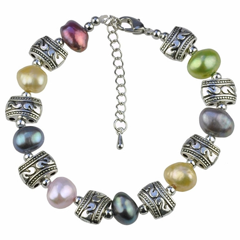 Zoetwater parel armband met bond gekleurde parels | Decorative Pearl Antique Silver