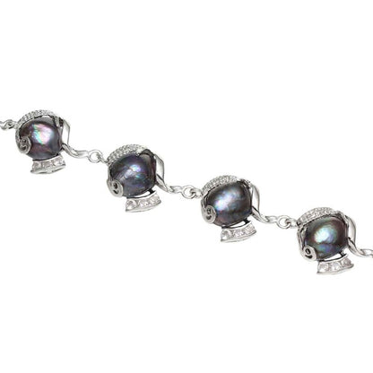 Zoetwater parel armband met zwart grijze parels plat liggend | Evita Black