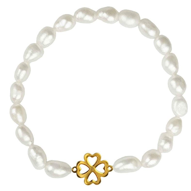Wit zoetwater parel armband met een klavertje 4 van goud edelstaal, elastisch | Good Luck Groot Klavertjje 4 Goud