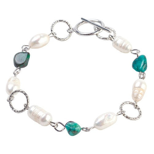 Wit zoetwater parel armband met groen blauwe edelsteen chrysocolla en zilver edelstaal | Lalita Chrysocolla