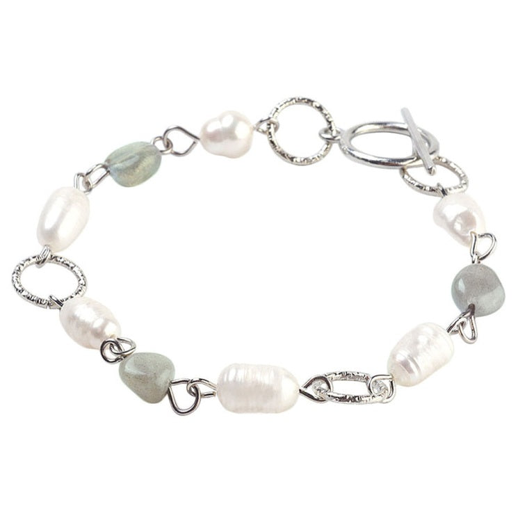 Wit zoetwater parel armband met edelsteen labradoriet en zilver edelstaal | Lalita Labradorite