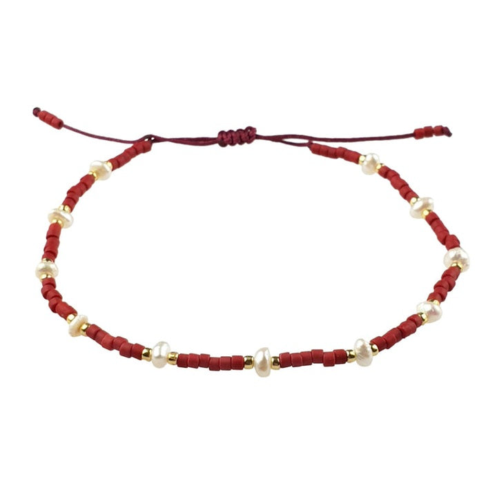 Wit zoetwater parel armband met rode en gouden kraaltjes en schuifsluiting | Mini Pearl Bead Red