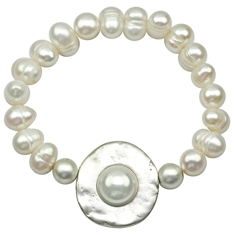 Wit zoetwater parel armband met zilveren schijf in het midden | Pearl Disk