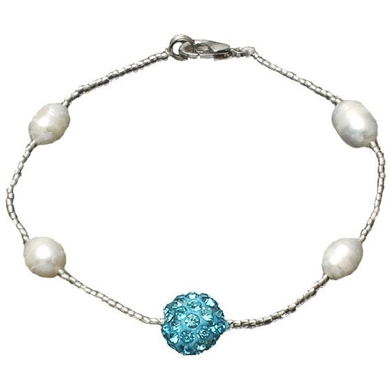 Wit zoetwater parel armband met blauwe stras steentjes | Pearl Stras Ball Aqua