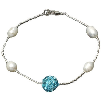Wit zoetwater parel armband met blauwe stras steentjes | Pearl Stras Ball Aqua