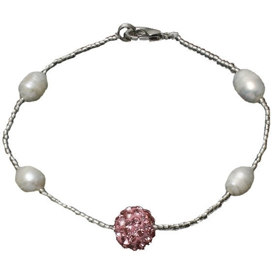 Wit zoetwater parel armband met roze stras steentjes | Pearl Stras Ball Pink