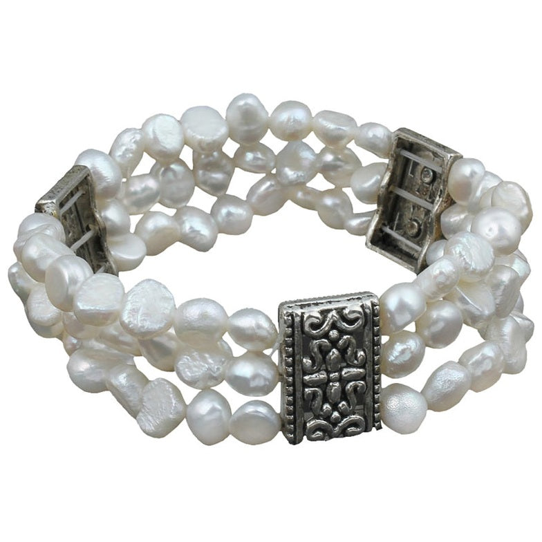 Wit zoetwater parel armband met 3 rijen, elastisch | Three Row White Pearl