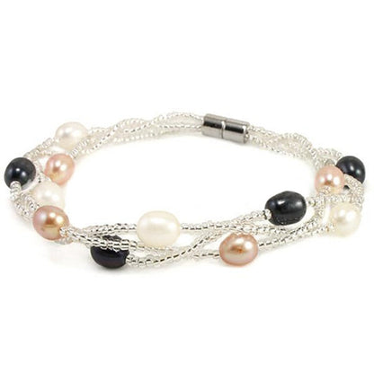 Zoetwater parel armband met witte, zalm en zwarte parels en magneetslotje, liggend | Twine Pearl Multi Color