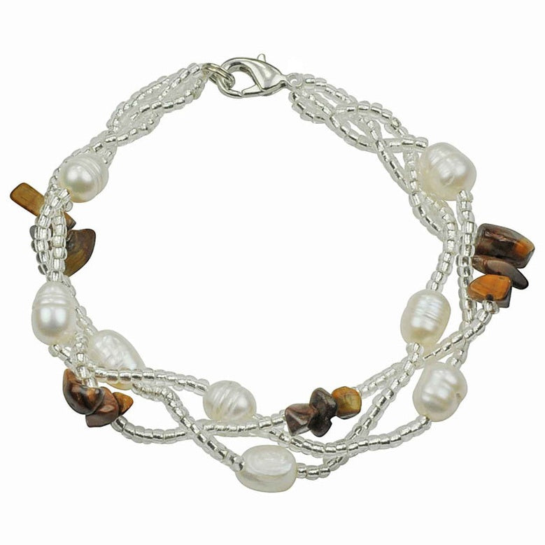 Wit zoetwater parel armband met bruine edelsteen tijgeroog | Twine Pearl Tiger Eye