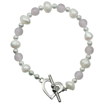 Wit zoetwater parel armband met roze rozenkwarts met hartjes slotje | Pearl Heart Rosé Quartz