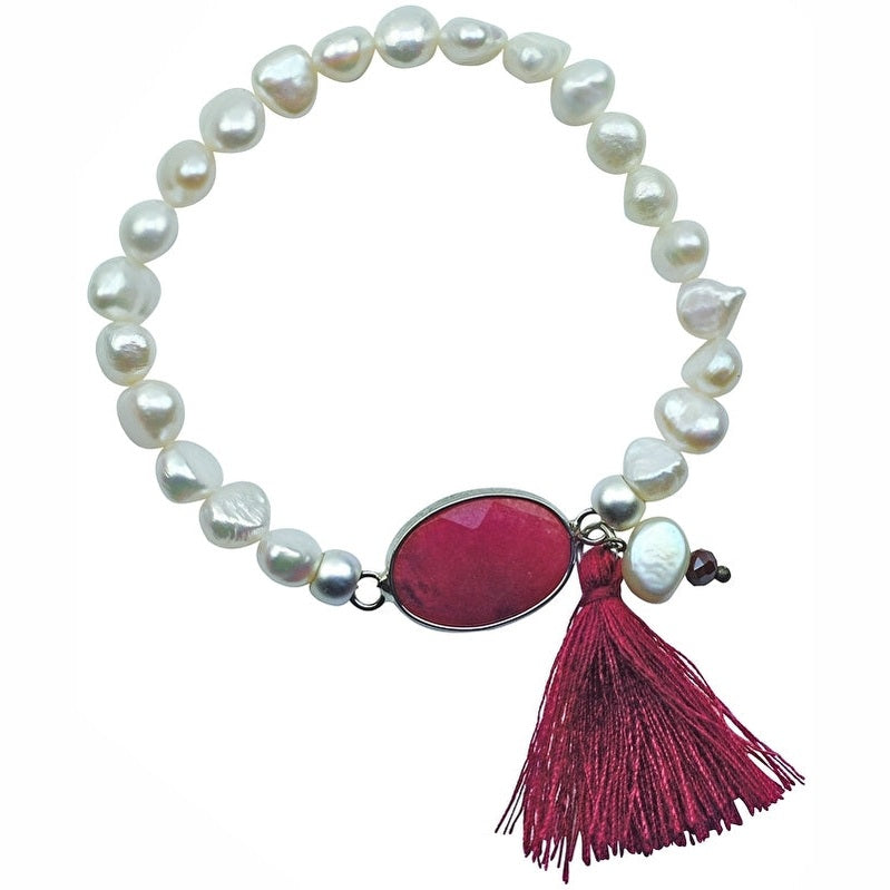 Wit zoetwater parel armband met rode agaat en kwastje, elastisch | Pearl Red Agate Tuft