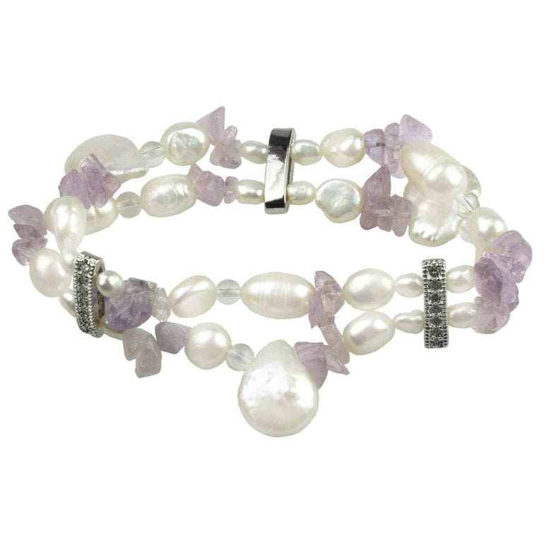 Wit zoetwater parel armband in 2 rijen met amethist en stras steentjes, elastisch | Amanda