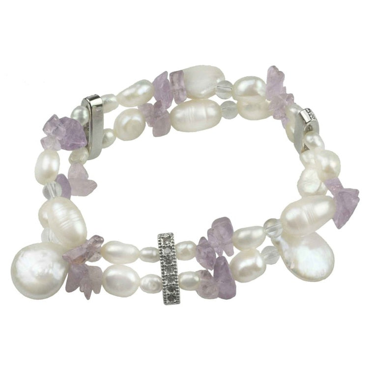 Wit zoetwater parel armband in 2 rijen met amethist en stras steentjes, zijaanzicht | Amanda