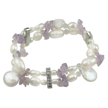 Wit zoetwater parel armband in 2 rijen met amethist en stras steentjes, zijaanzicht | Amanda
