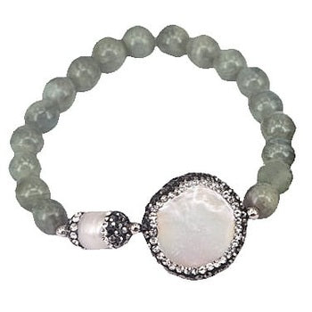 Wit zoetwater parel armband met labradoriet en stras steentjes, elastisch | Bright Labradorite Coin Pearl