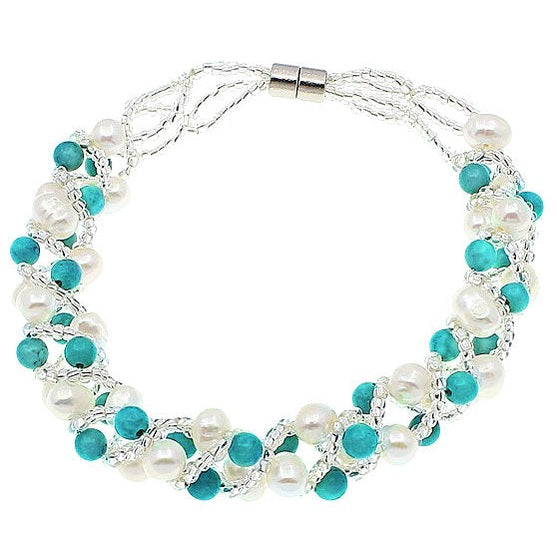 Witte zoetwater parel armband met turkoois en magneetslot | set Tonica