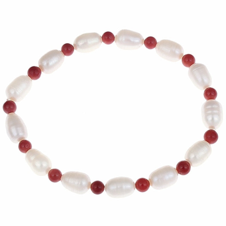 Wit zoetwater parel armband met rood koraal, elastisch | Claudine