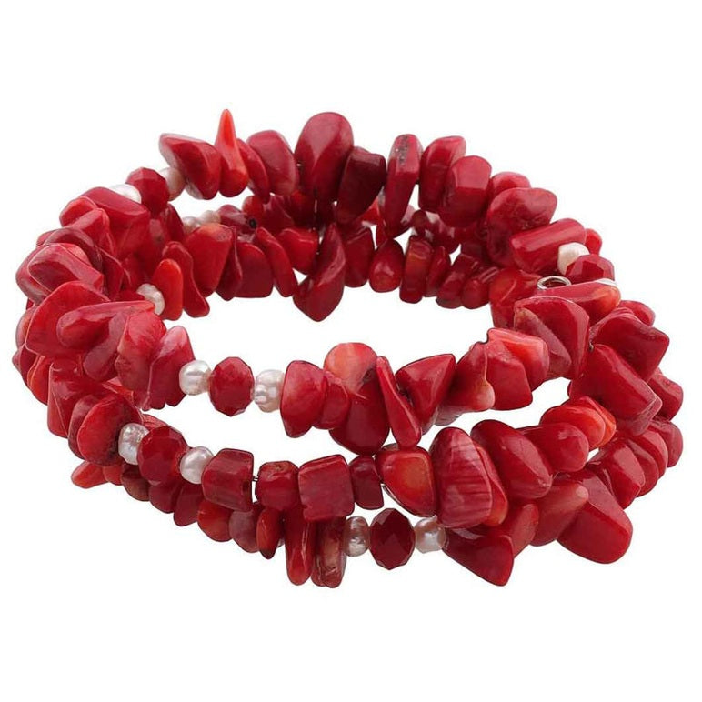 Wit zoetwater parel wikkelarmband met rood koraal | Wrap Coral Pearl