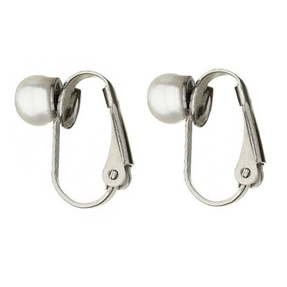 Zijaanzicht van kleine witte zoetwater parel clips oorbellen met edelstaal | Fiell Clip Pearl Small